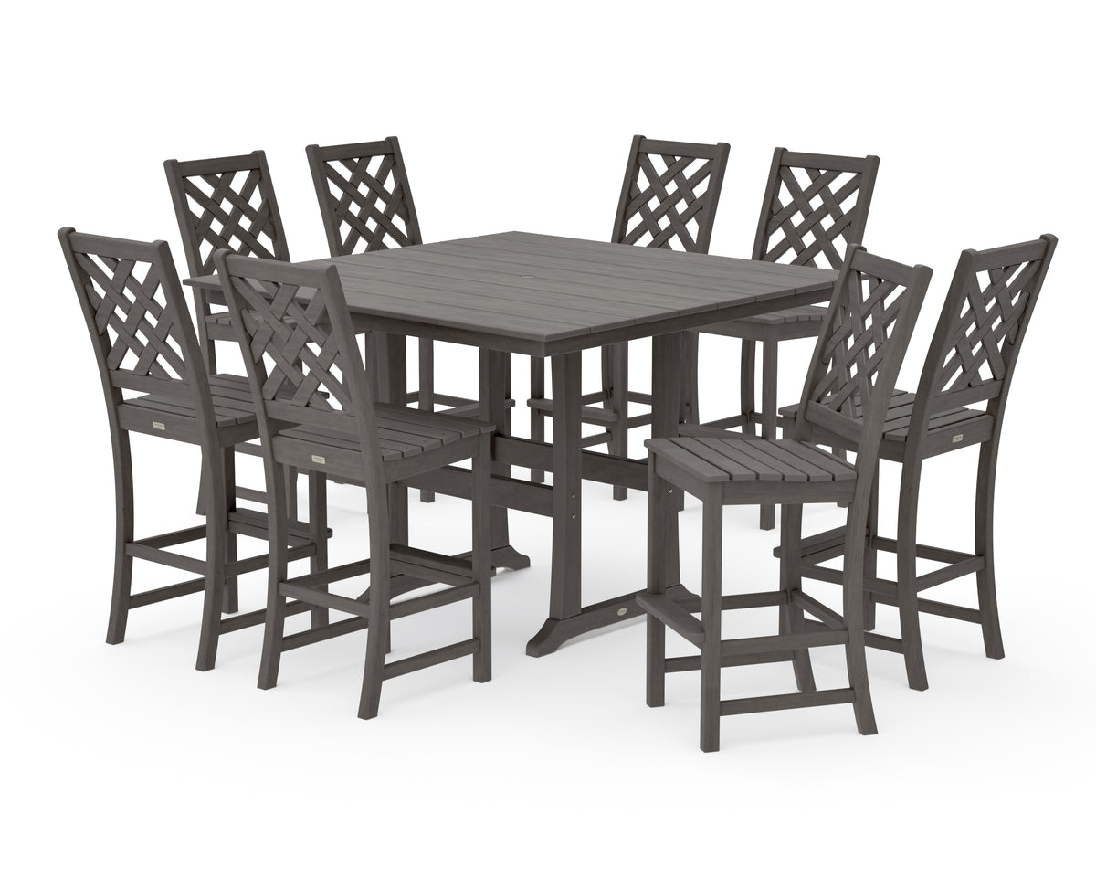 POLYWOOD Country Living Wovendale Side Chair 9-Piece Square Farmhouse Bar Set with Trestle Legs in Driftwood