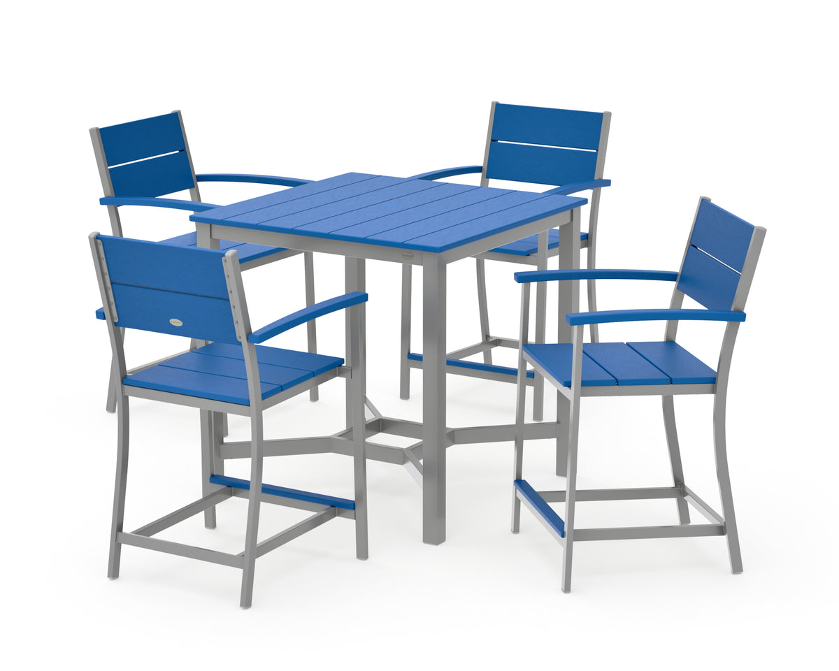 POLYWOOD Main Street 5-Piece Counter Set in Silver / Pacific Blue