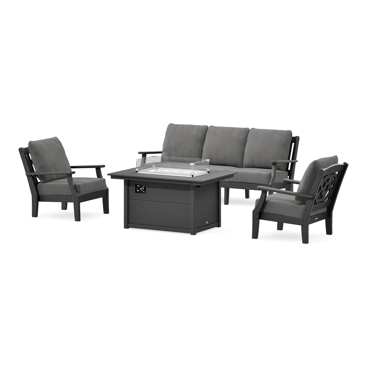 POLYWOOD Chinoiserie Deep Seating Fire Pit Table Set in Black