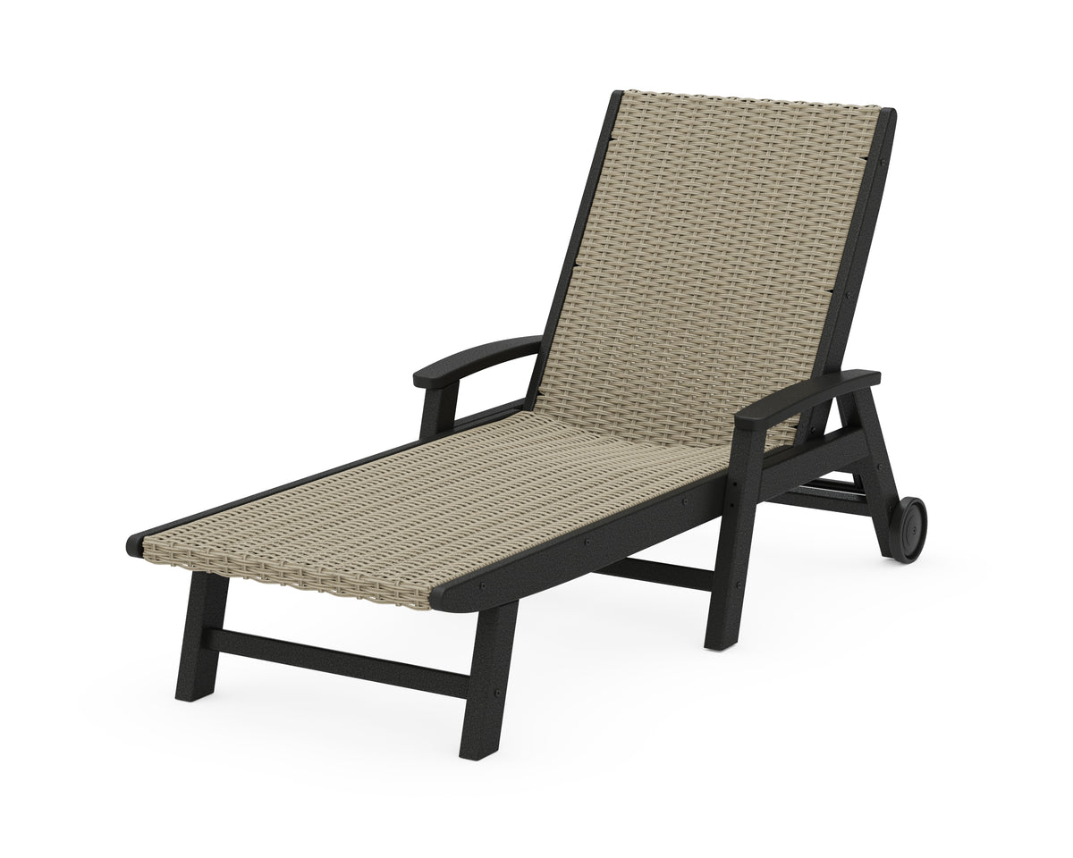 POLYWOOD Coastal Woven Chaise with Arms and Wheels in Black / Dune Grass