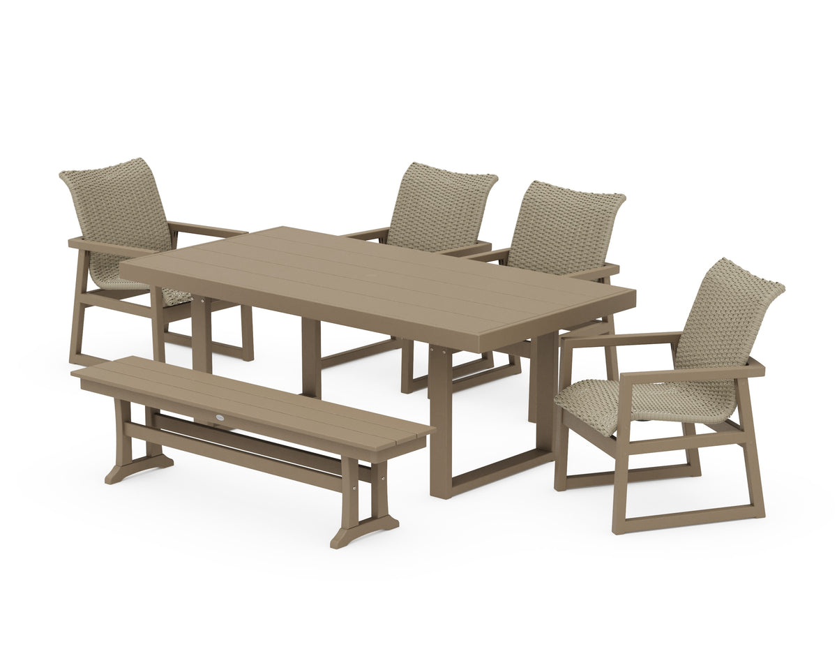 POLYWOOD EDGE Woven 6-Piece Dining Set with Bench in Vintage Sahara / Dune Grass