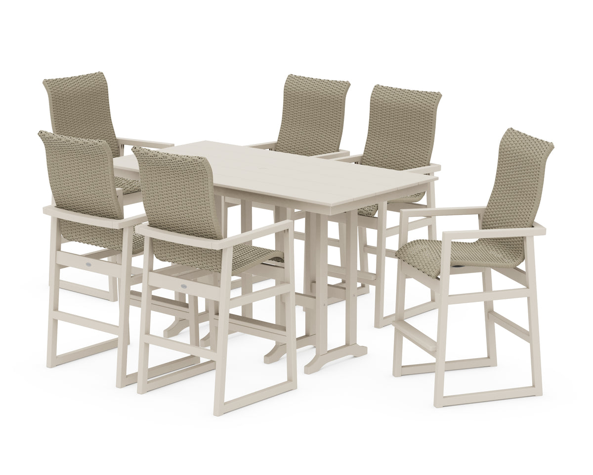POLYWOOD EDGE Woven Highback Arm Chair 7-Piece Farmhouse Bar Set in Sand / Dune Grass