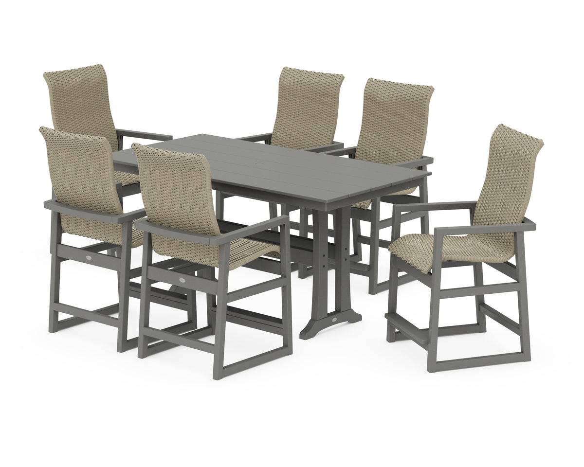 POLYWOOD EDGE Woven Highback Arm Chair 7-Piece Farmhouse Counter Set with Trestle Legs in Slate Grey / Dune Grass