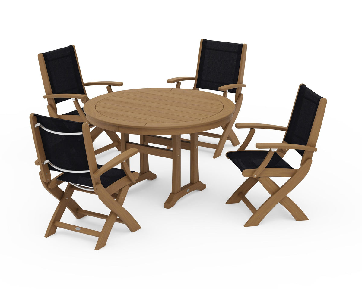 POLYWOOD Coastal Folding Chair 5-Piece Round Dining Set with Trestle Legs in Natural / Black