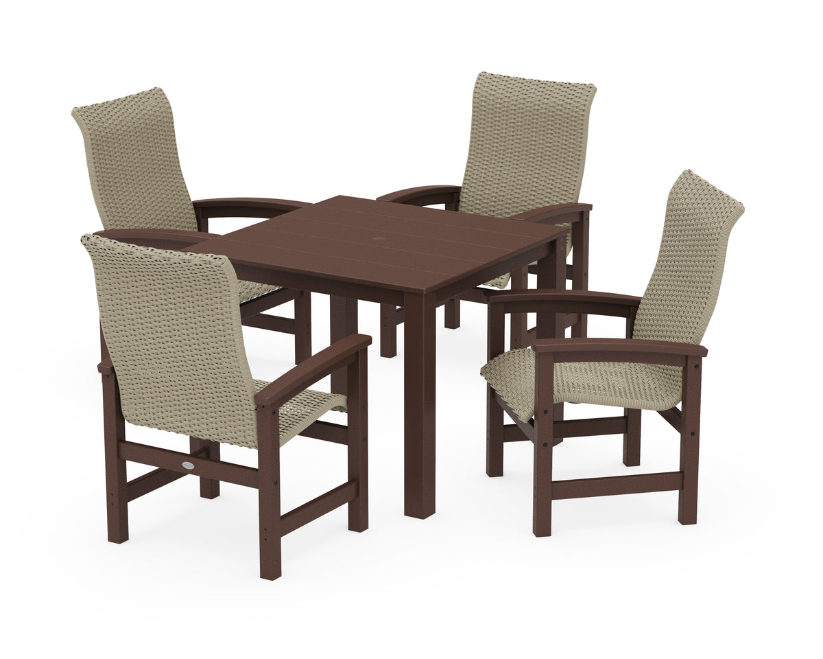 POLYWOOD Coastal Woven High-Back 5-Piece Parsons Dining Set in Mahogany / Dune Grass