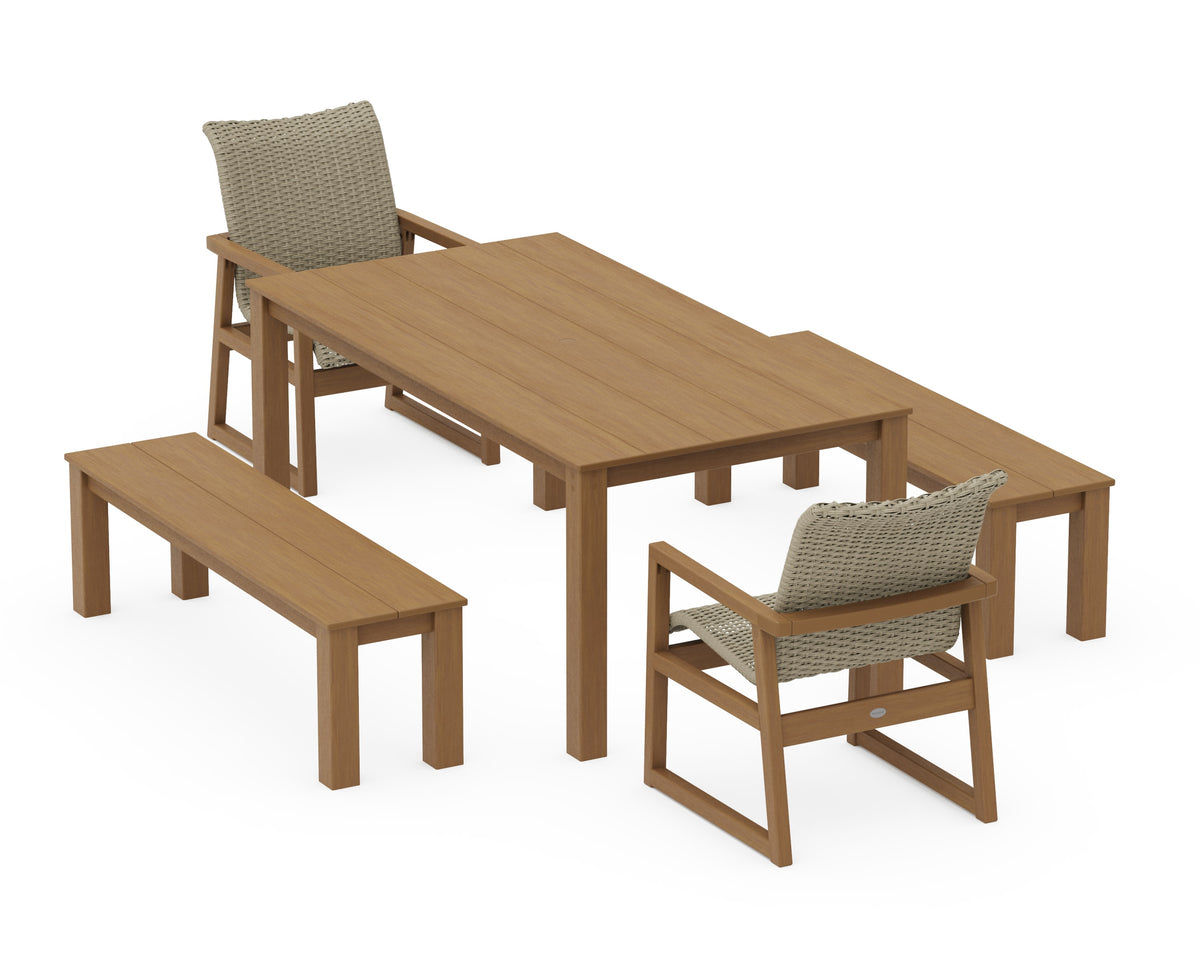 POLYWOOD EDGE Woven 5-Piece Parsons Dining Set with Benches in Natural / Dune Grass