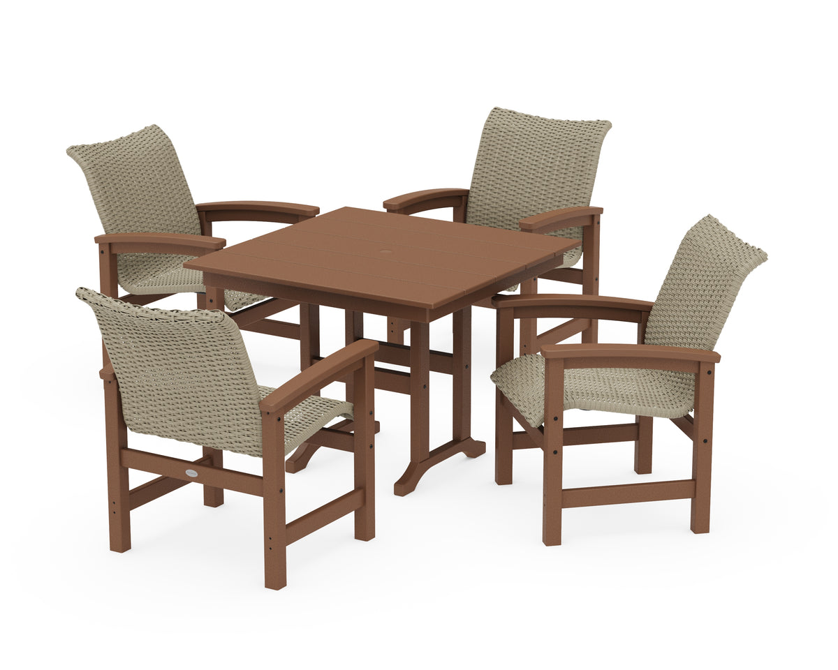POLYWOOD Coastal Woven 5-Piece Farmhouse Dining Set in Teak / Dune Grass