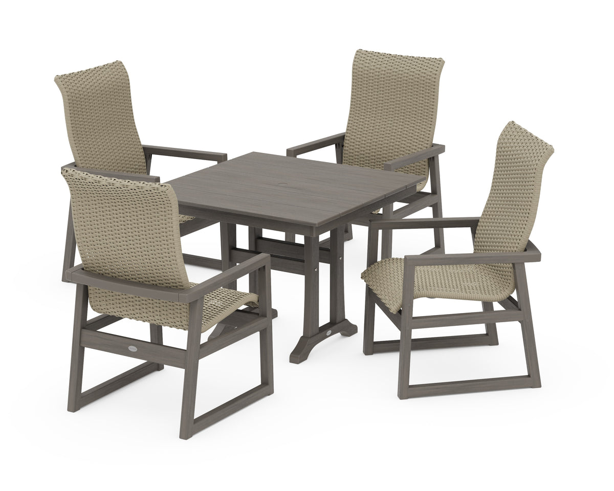 POLYWOOD EDGE Woven High-Back 5-Piece Farmhouse Dining Set with Trestle Legs in Driftwood / Dune Grass