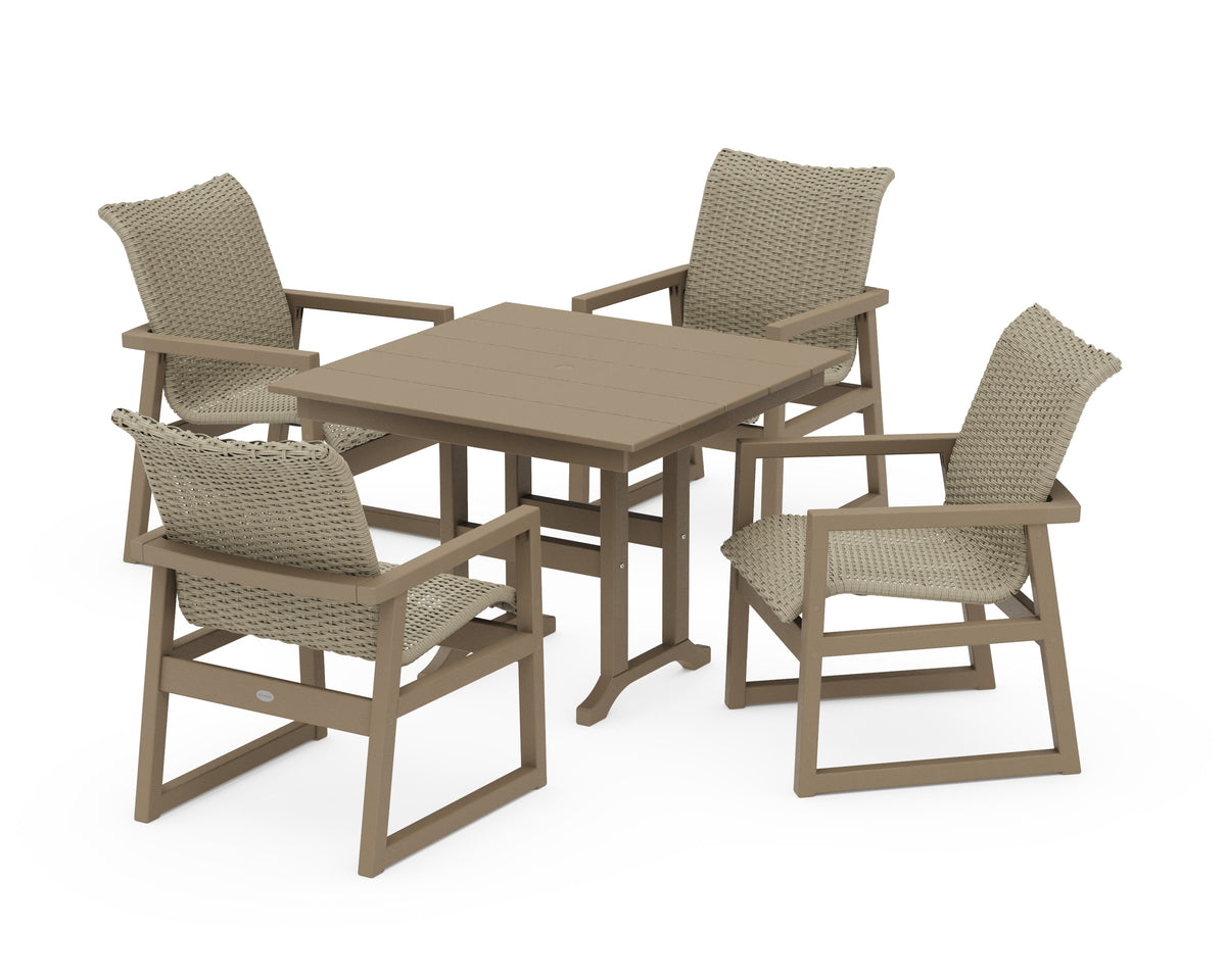 POLYWOOD EDGE Woven 5-Piece Farmhouse Dining Set in Vintage Sahara / Dune Grass