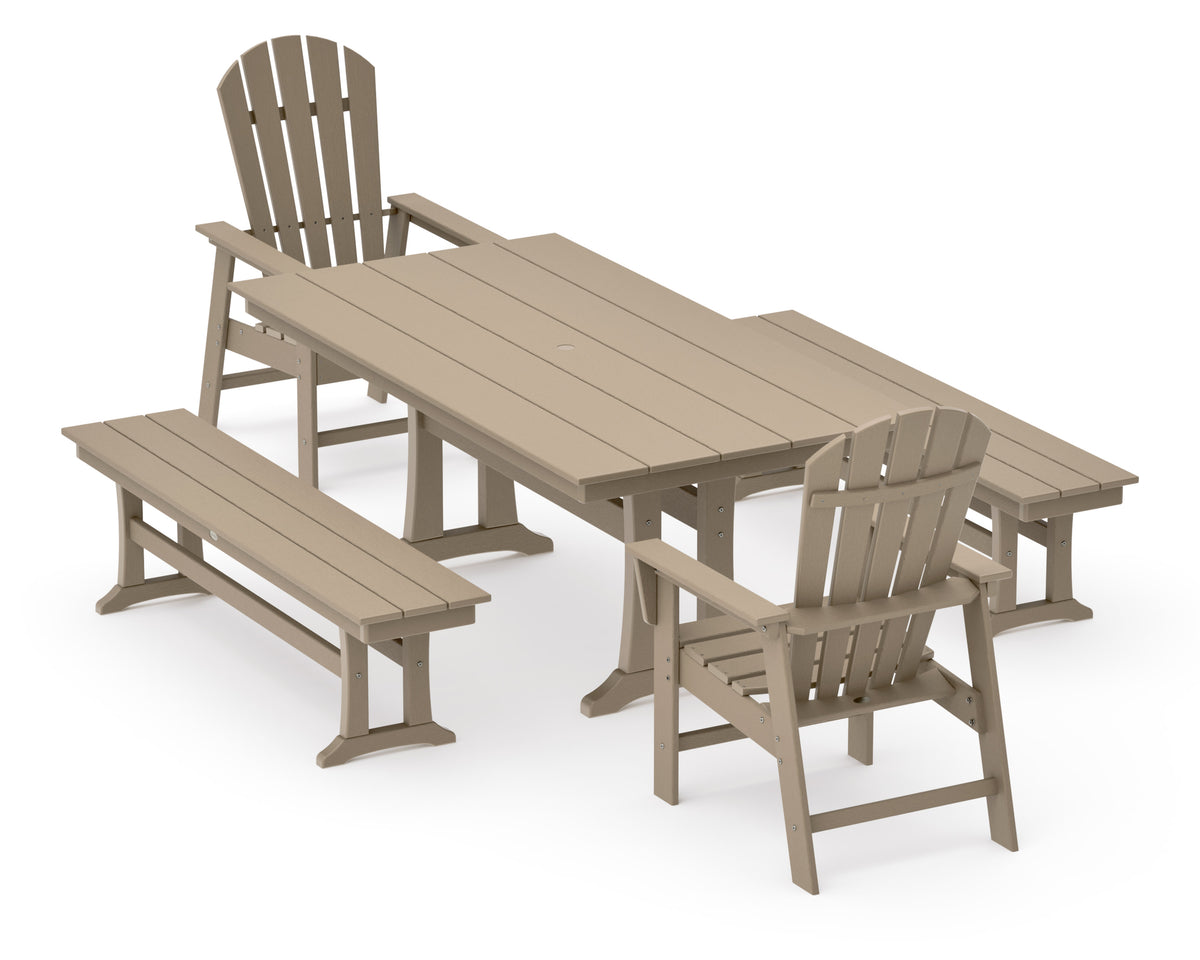 POLYWOOD South Beach 5-Piece Farmhouse Dining Set with Trestle Legs - 37" x 72" Table in Vintage Sahara