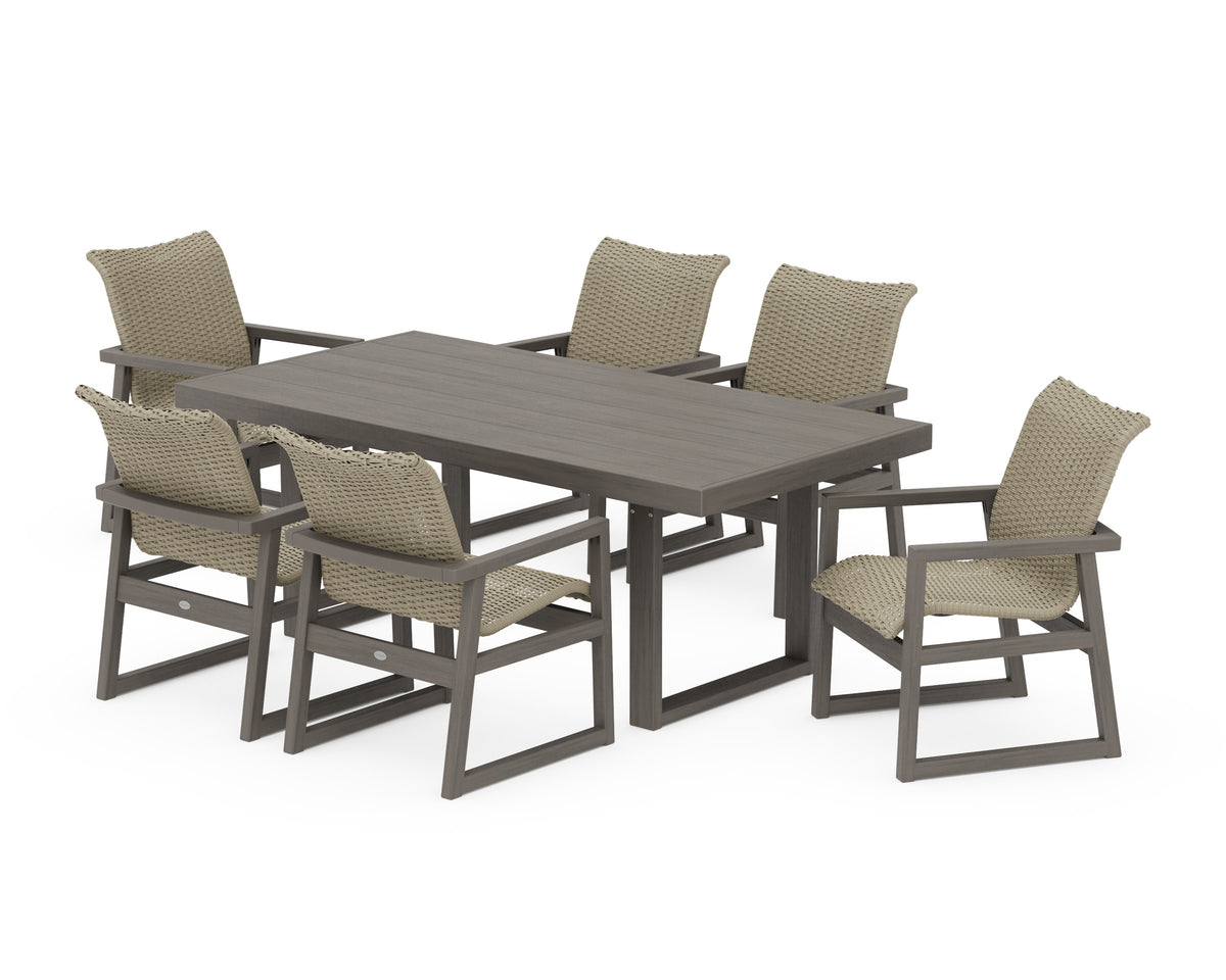 POLYWOOD EDGE Woven Arm Chair 7-Piece Dining Set in Driftwood / Dune Grass
