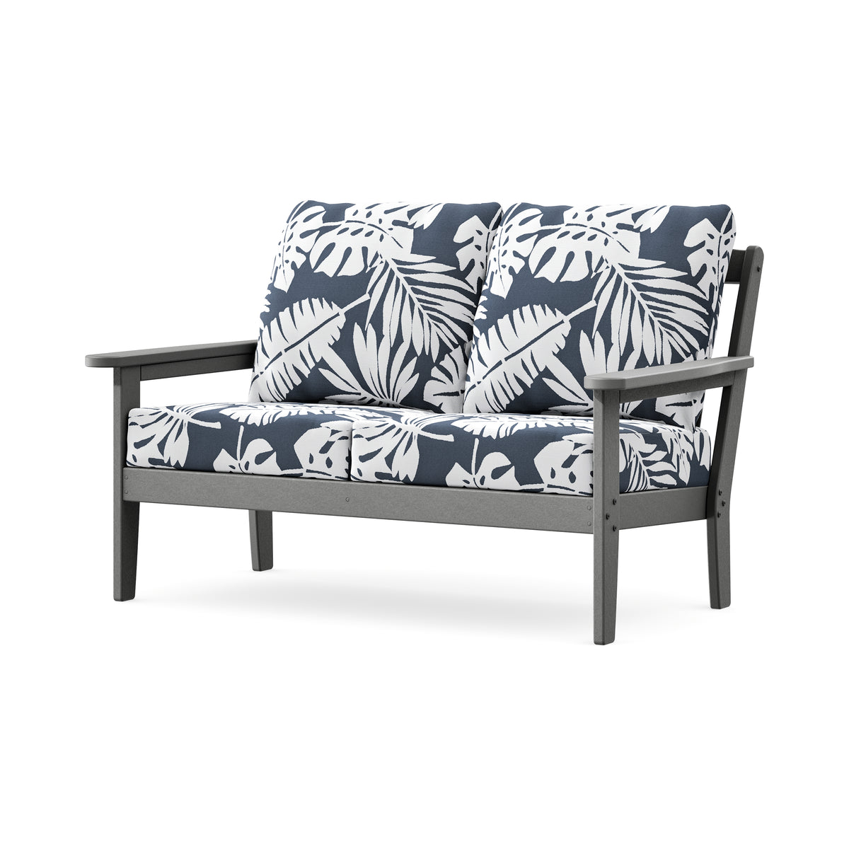 POLYWOOD Cottage Deep Seating Loveseat in Slate Grey / Leaf Marine Indigo
