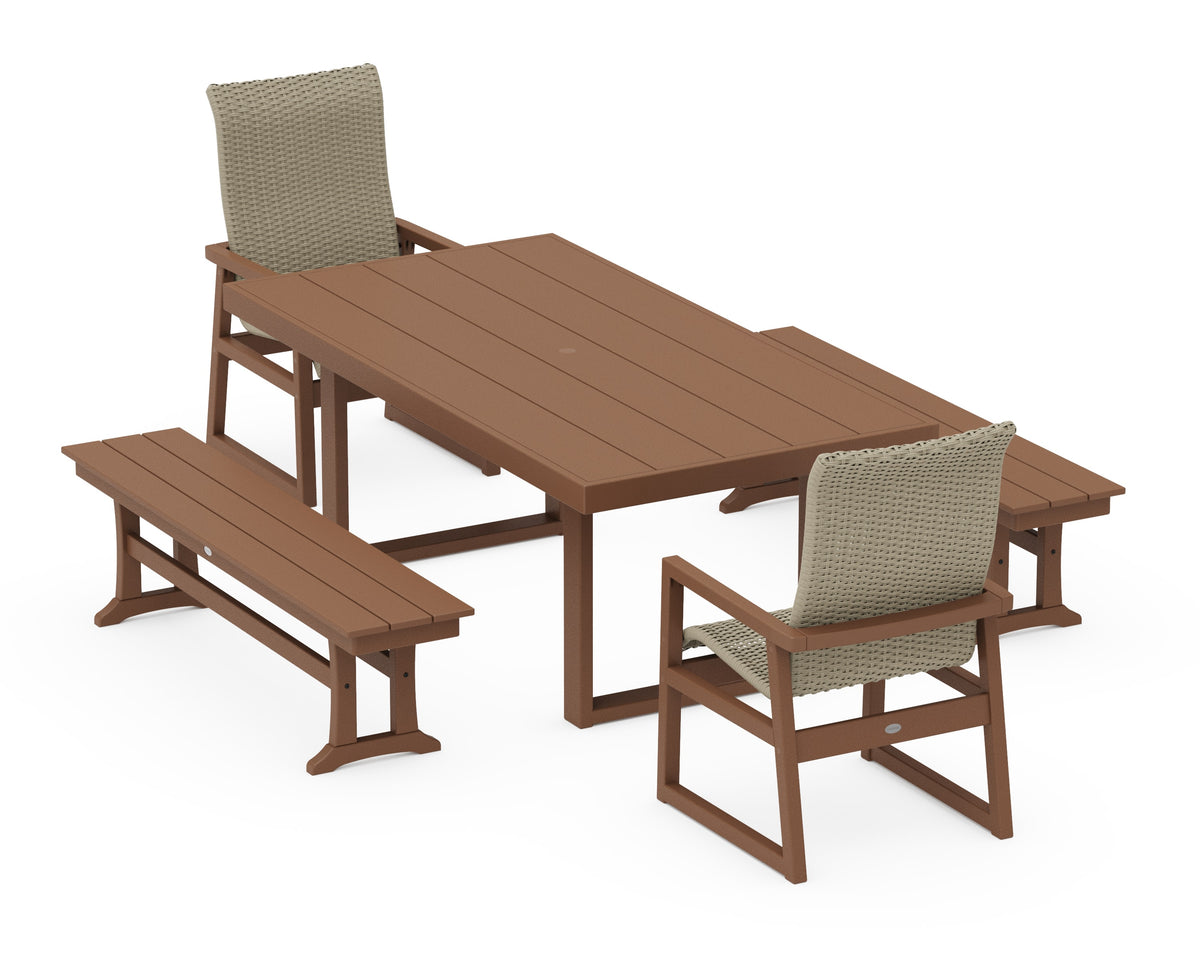 POLYWOOD EDGE Woven High-Back 5-Piece Dining Set with Benches in Teak / Dune Grass