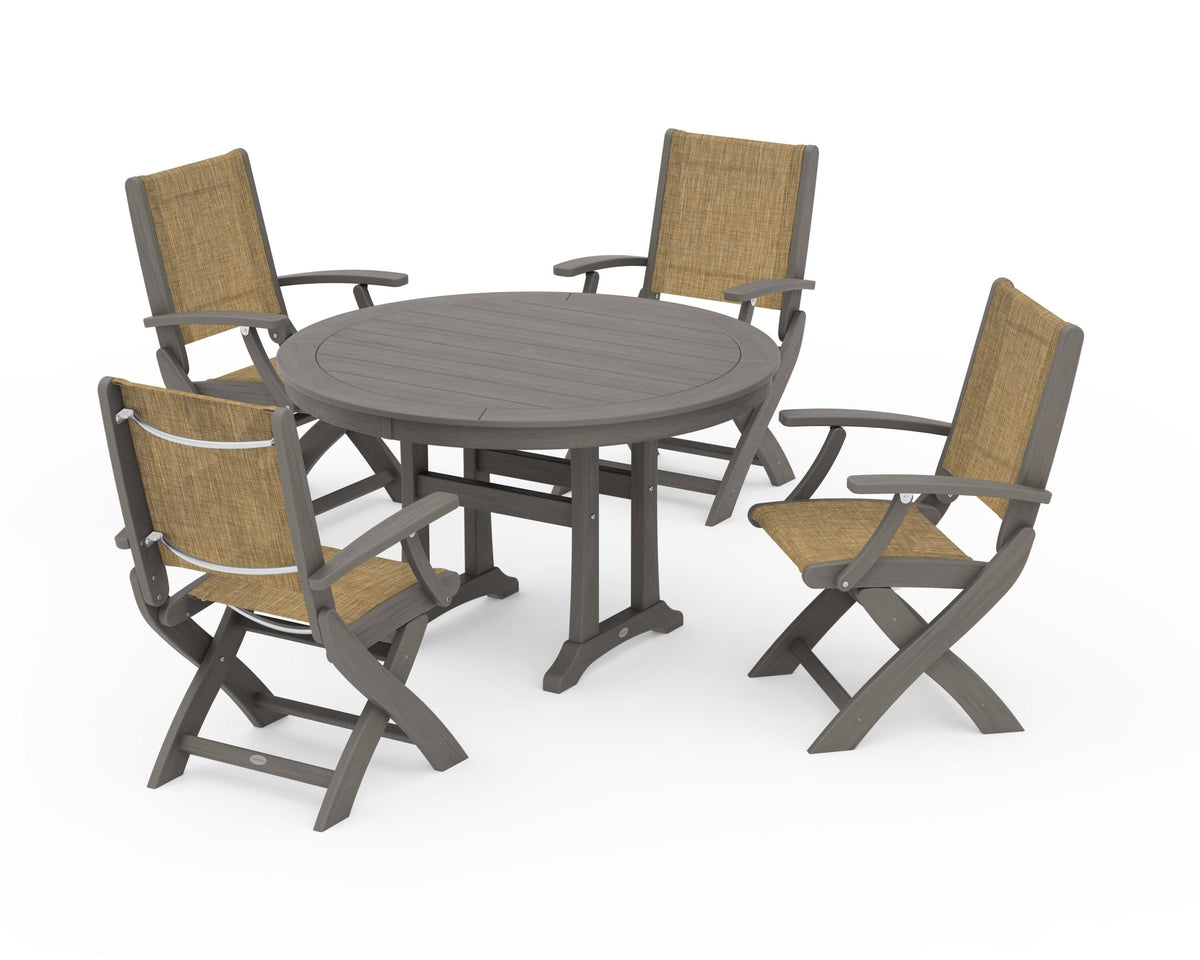 POLYWOOD Coastal Folding Chair 5-Piece Round Dining Set with Trestle Legs in Driftwood / Burlap