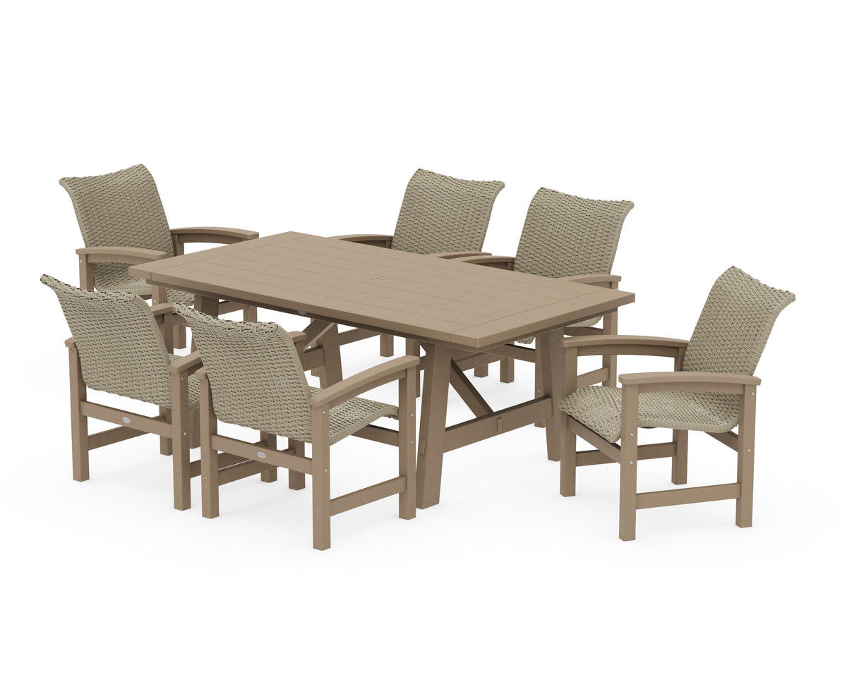POLYWOOD Coastal Woven Arm Chair 7-Piece Rustic Farmhouse Dining Set in Vintage Sahara / Dune Grass