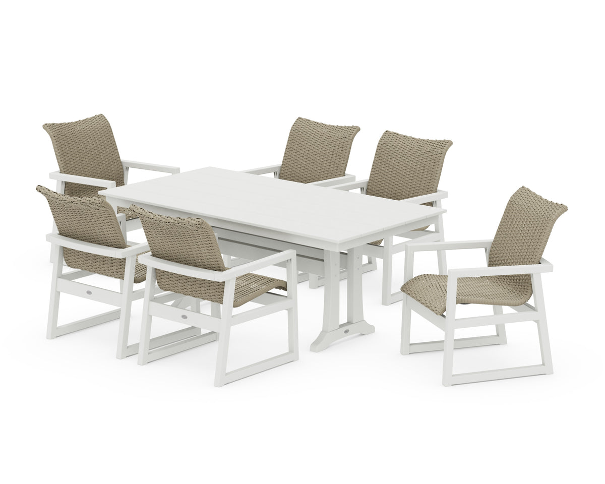 POLYWOOD EDGE Woven Arm Chair 7-Piece Farmhouse Dining Set with Trestle Legs in White / Dune Grass
