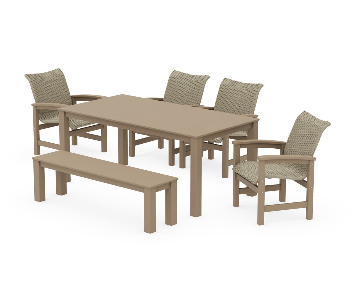 POLYWOOD Coastal Woven 6-Piece Parsons Dining Set with Bench in Vintage Sahara / Dune Grass