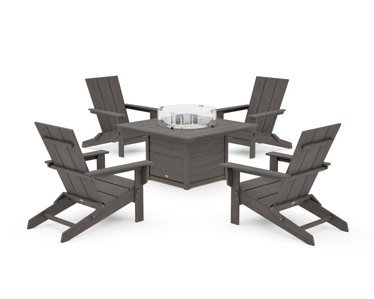 POLYWOOD 5-Piece Modern Studio Folding Adirondack Conversation Set with Fire Pit Table in Driftwood