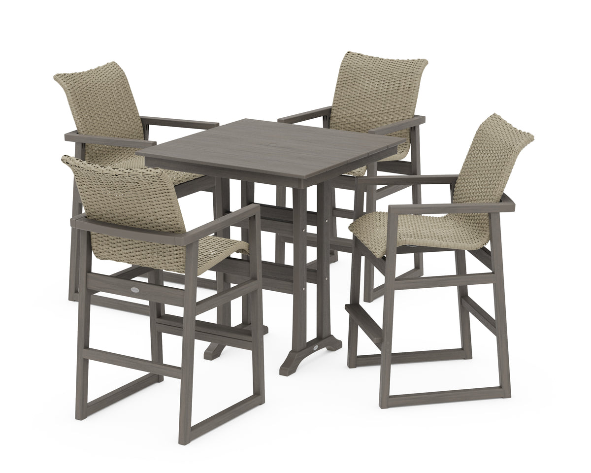 POLYWOOD EDGE Woven 5-Piece Farmhouse Bar Set with Trestle Legs in Driftwood / Dune Grass