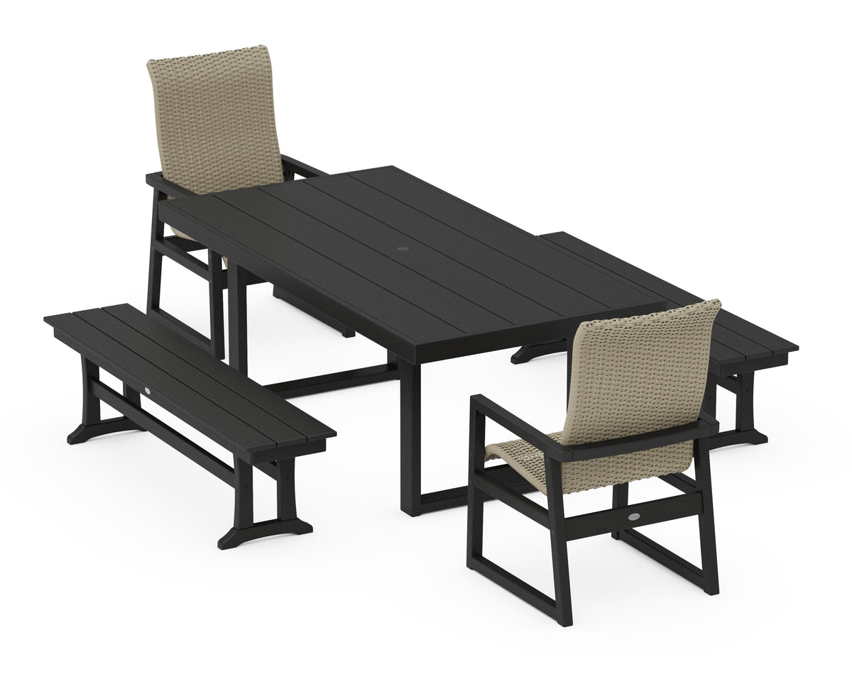 POLYWOOD EDGE Woven High-Back 5-Piece Dining Set with Benches in Black / Dune Grass