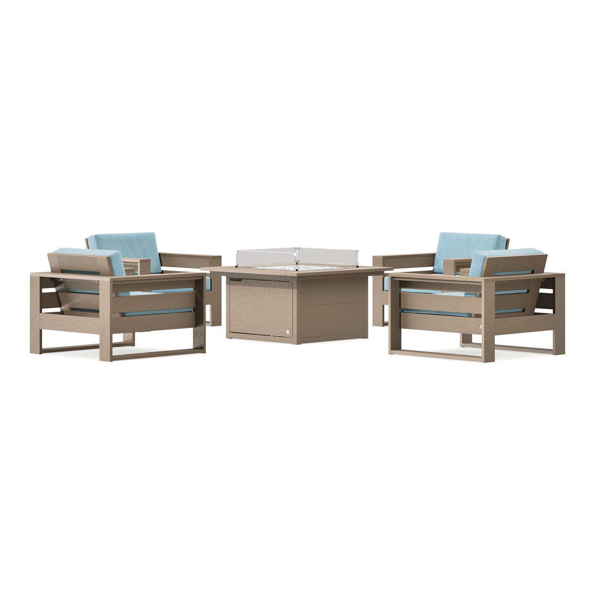 POLYWOOD PW Designer Series Latitude 5-Piece Lounge Fire Table Set in Vintage Sahara / Lattice Sky Blue