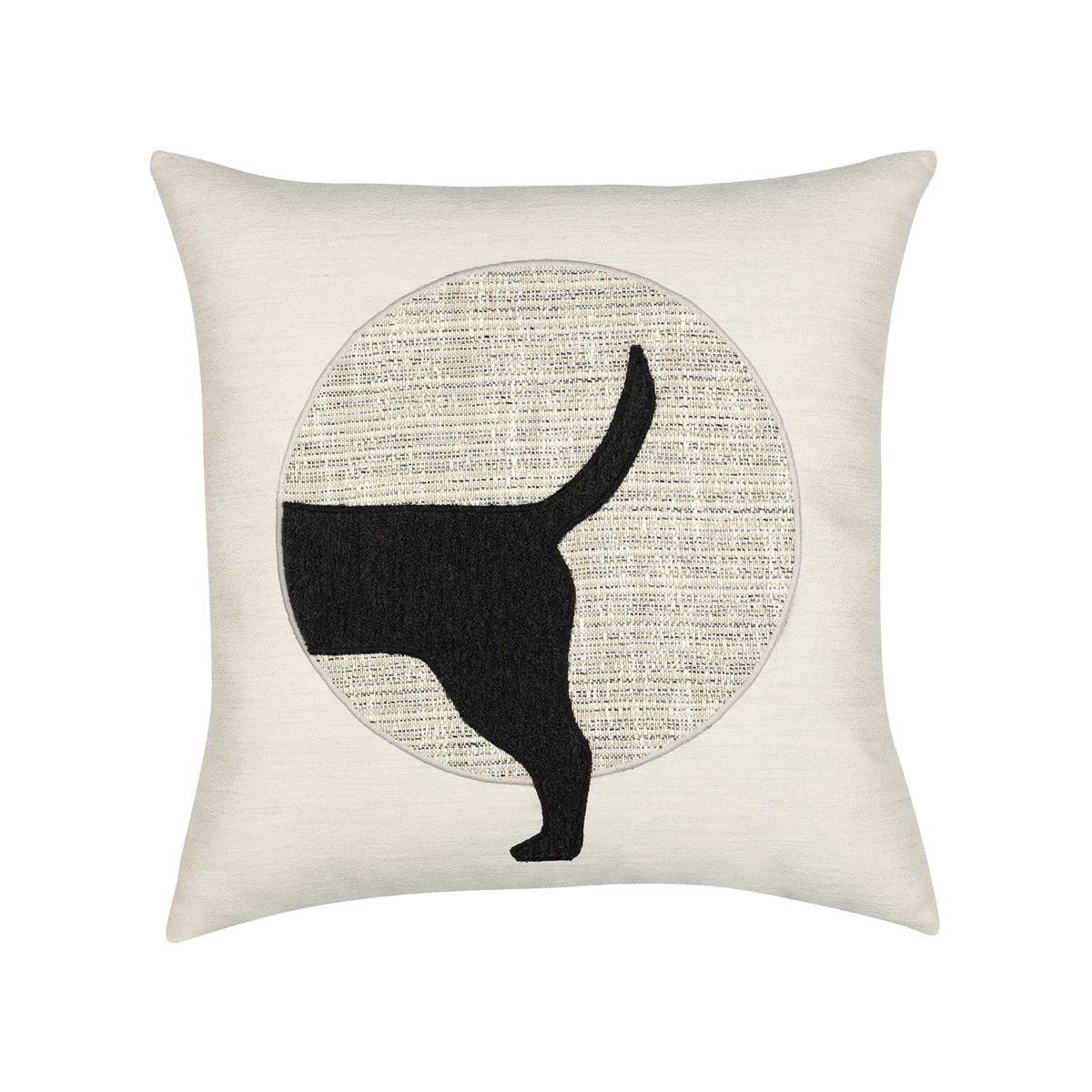 Elaine Smith Unconditional Woof (Tail) 20x20 outdoor pillow, ivory and black