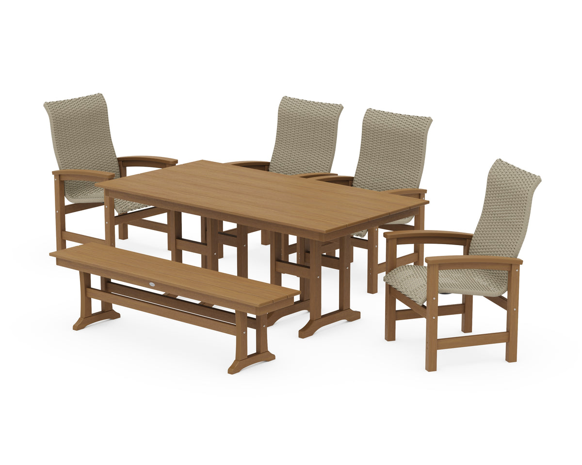 POLYWOOD Coastal Woven High-Back 6-Piece Farmhouse Dining Set with Bench with Farmhouse 37" x 72" Dining Table in Natural / Dune Grass