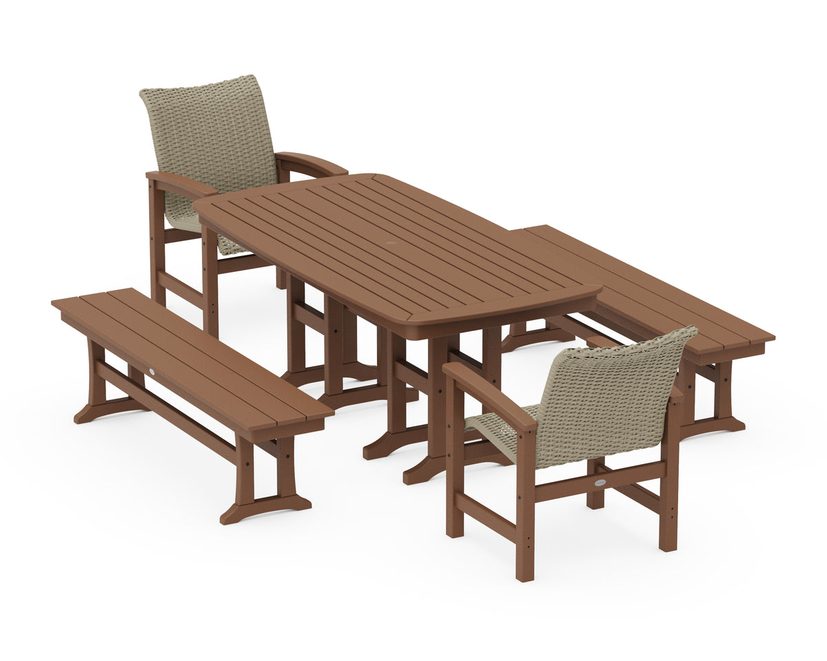 POLYWOOD Coastal Woven 5-Piece Dining Set with Benches in Teak / Dune Grass