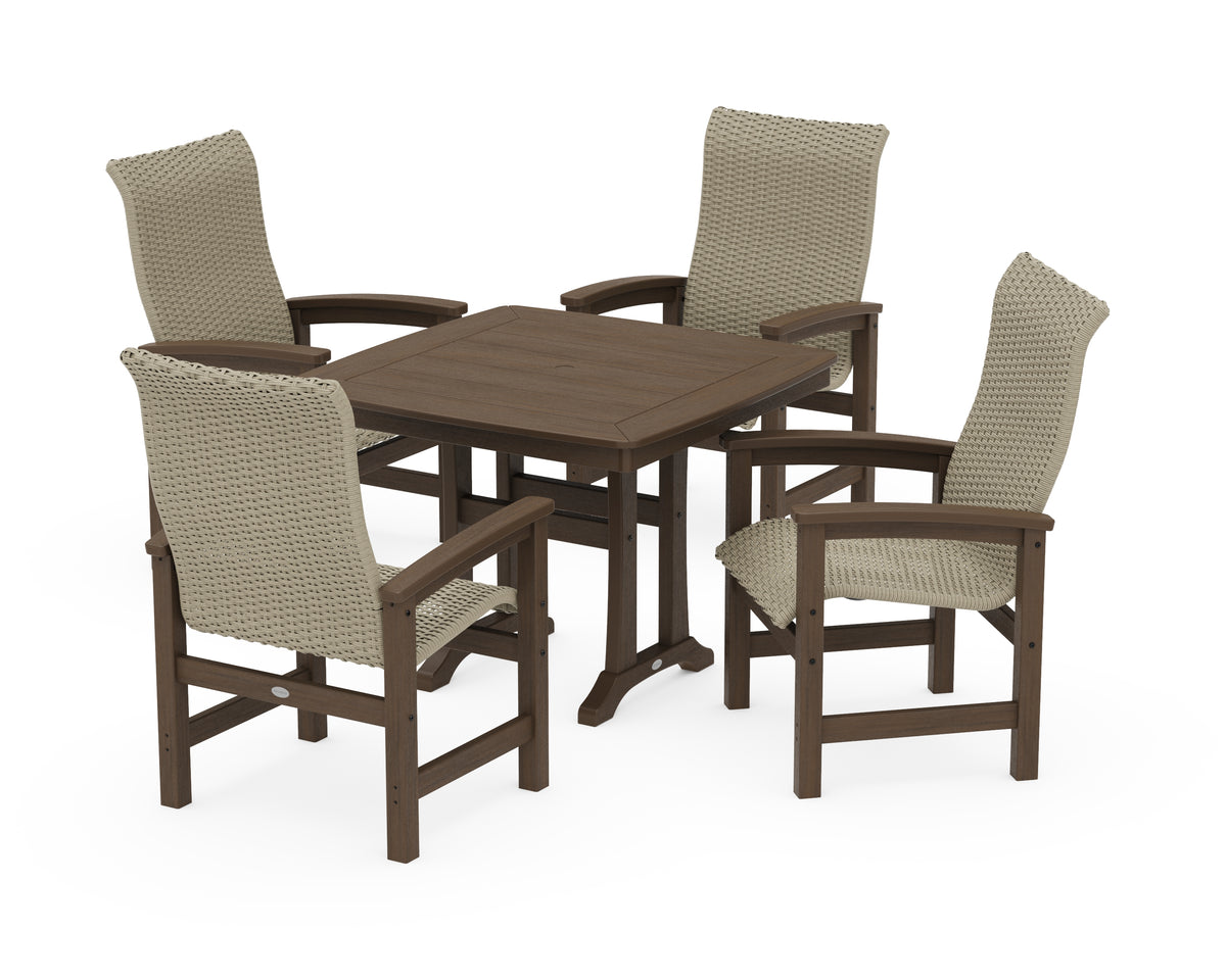 POLYWOOD Coastal Woven High-Back 5-Piece Dining Set with Trestle Legs in Kona / Dune Grass