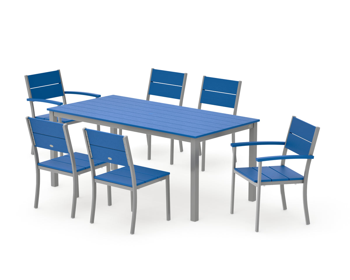 POLYWOOD Main Street 7-Piece Dining Set with Main Street 36" x 72" Dining Table in Silver / Pacific Blue