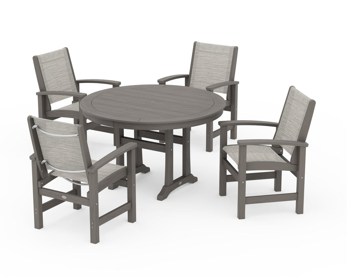POLYWOOD Coastal 5-Piece Round Dining Set with Trestle Legs in Driftwood / Birch