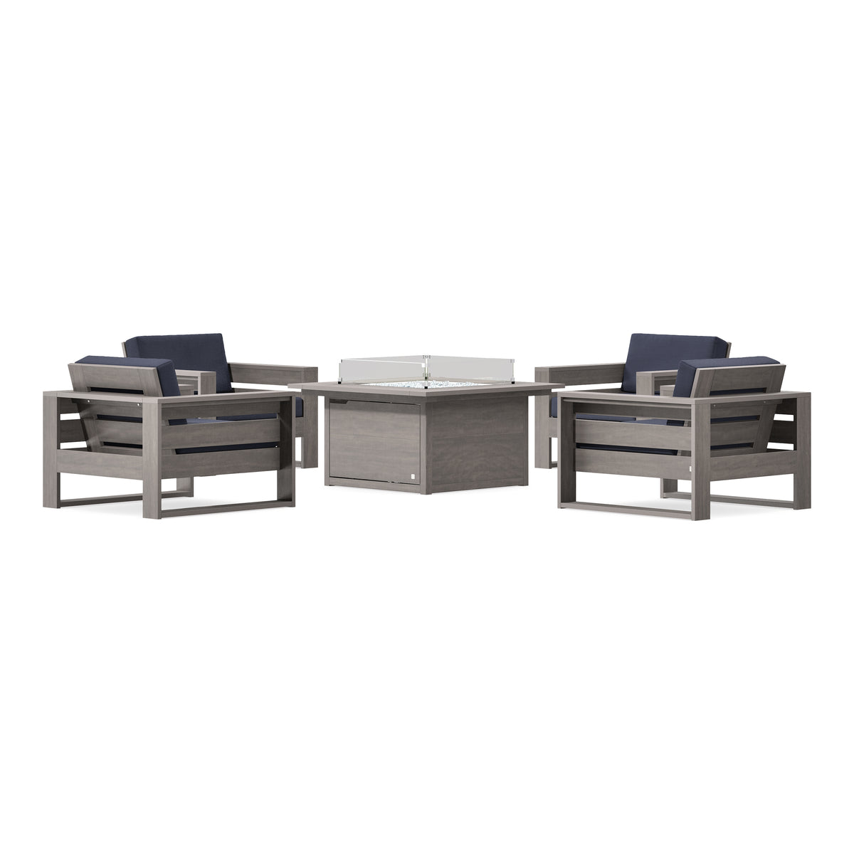 POLYWOOD PW Designer Series Latitude 5-Piece Lounge Fire Table Set in Driftwood / Navy Linen