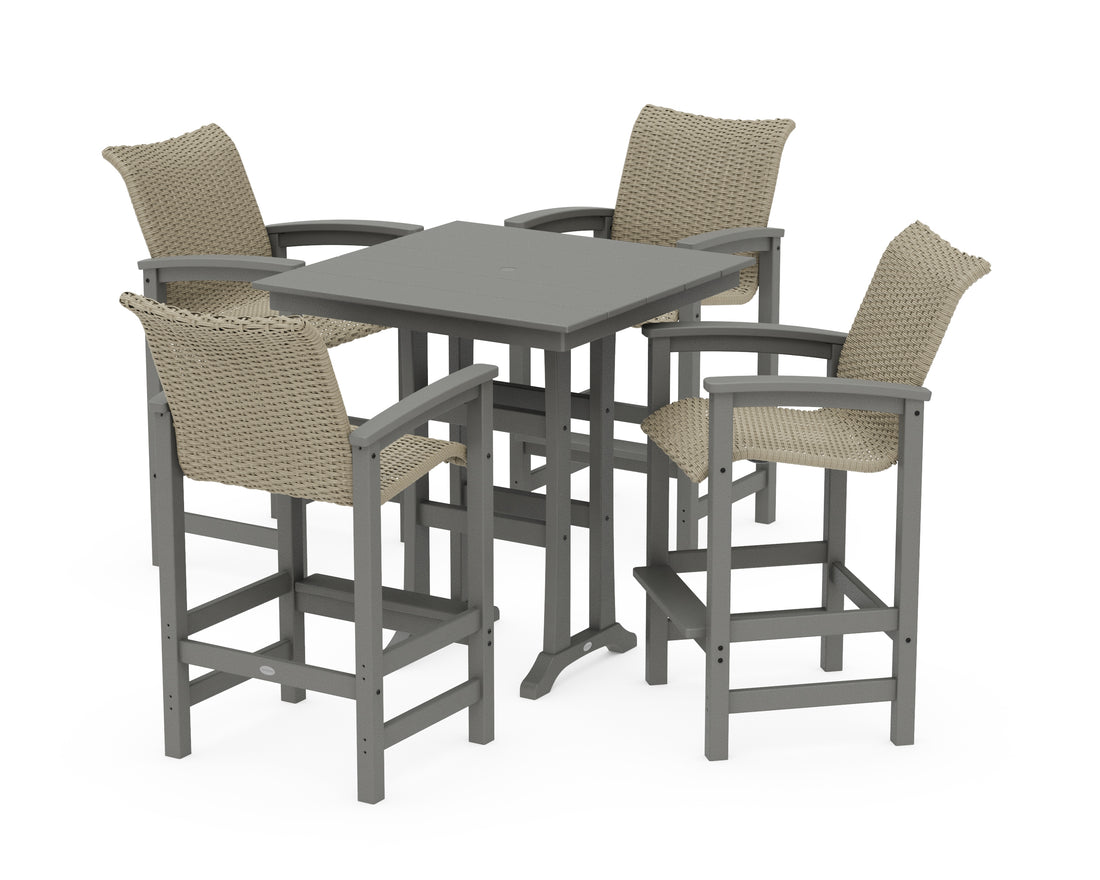 POLYWOOD Coastal Woven 5-Piece Farmhouse Bar Set with Trestle Legs in Slate Grey / Dune Grass