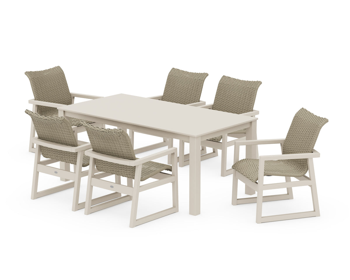 POLYWOOD EDGE Woven Arm Chair 7-Piece Parsons Dining Set in Sand / Dune Grass