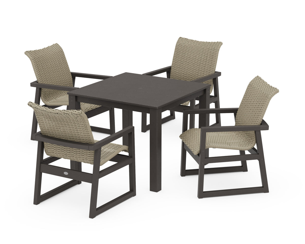 POLYWOOD EDGE Woven 5-Piece Parsons Dining Set in Vintage Coffee / Dune Grass