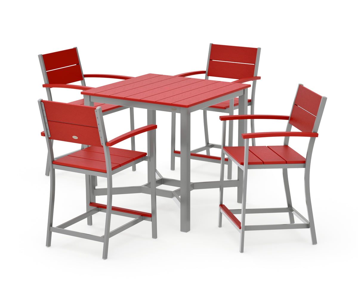 POLYWOOD Main Street 5-Piece Counter Set in Silver / Sunset Red