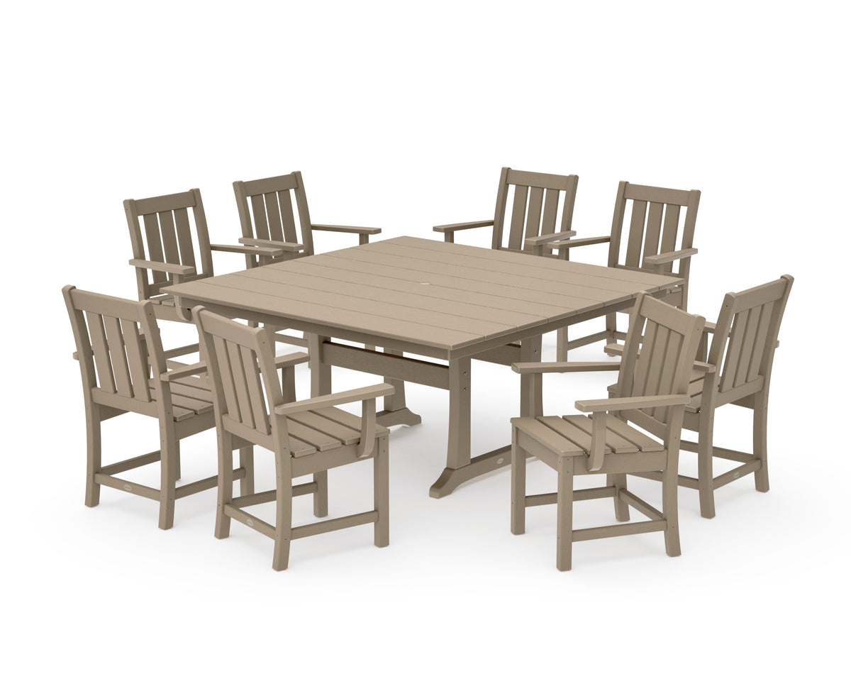 POLYWOOD Oxford 9-Piece Square Farmhouse Dining Set with Trestle Legs in Vintage Sahara