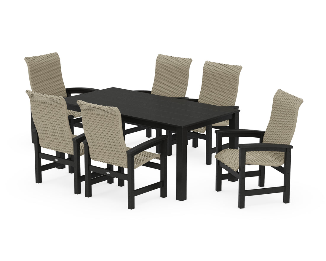 POLYWOOD Coastal Woven High-Back Arm Chair 7-Piece Parsons Dining Set in Black / Dune Grass