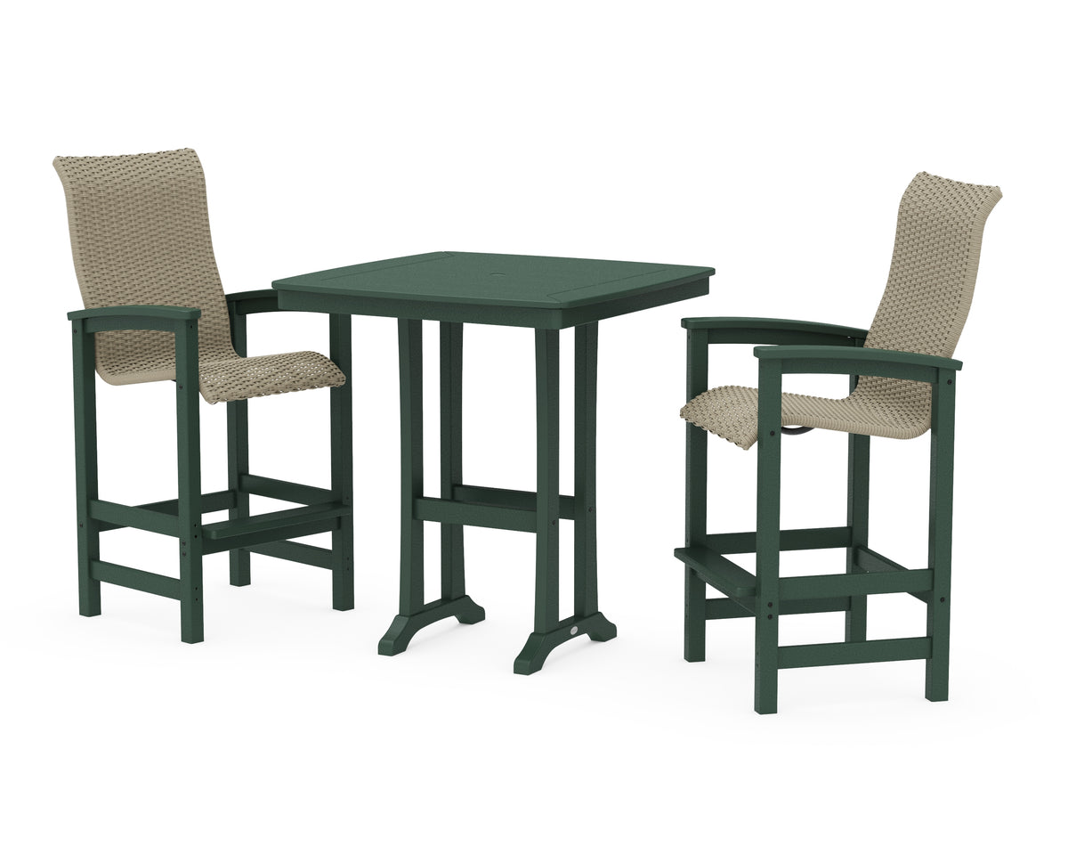 POLYWOOD Coastal Woven High-Back 3-Piece Bar Set in Green / Dune Grass