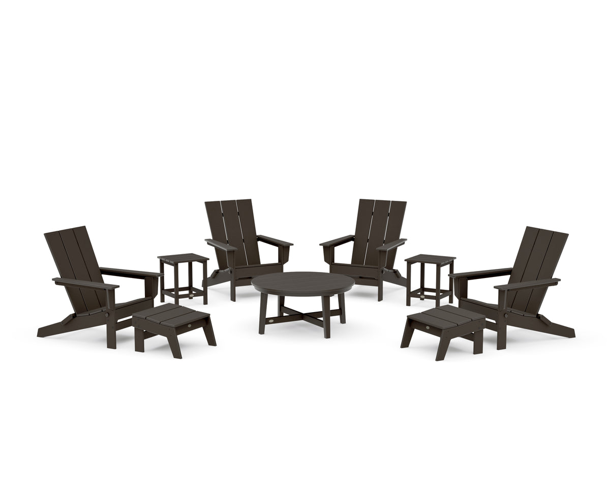 POLYWOOD Modern Studio Folding Adirondack 9-Piece Conversation Set in Vintage Coffee