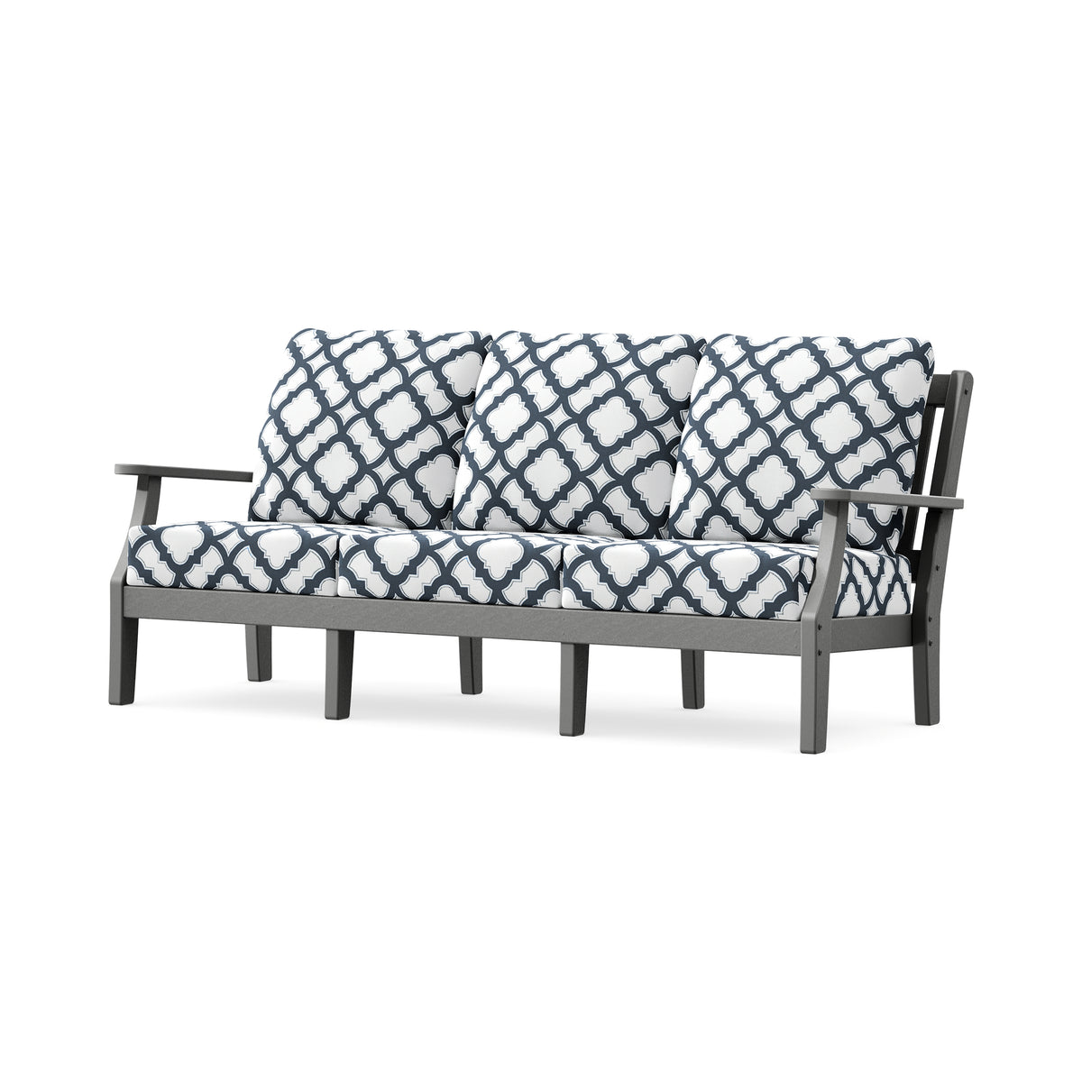 POLYWOOD Chinoiserie Deep Seating Sofa in Slate Grey / Trellis Marine Indigo