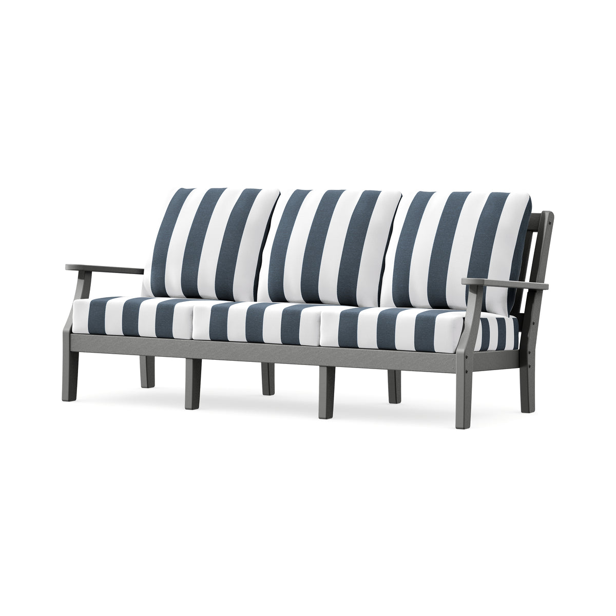 POLYWOOD Chinoiserie Deep Seating Sofa in Slate Grey / Cabana Stripe Marine Indigo