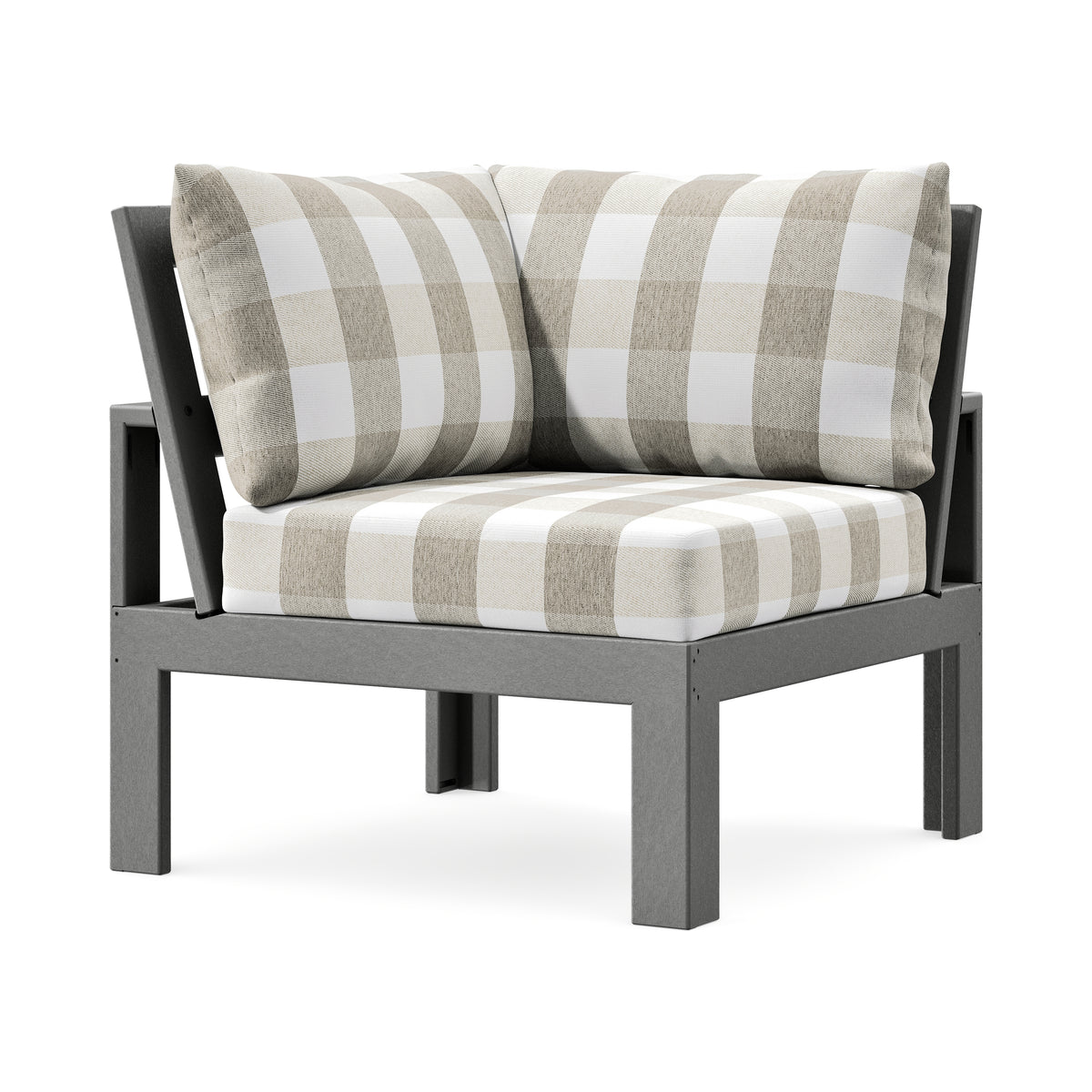 POLYWOOD Modular Corner Chair in Slate Grey / Buffalo Plaid Dune Burlap