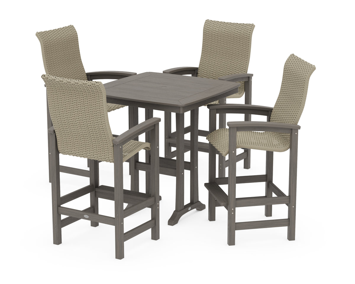 POLYWOOD Coastal Woven High-Back 5-Piece Bar Set with Trestle Legs in Driftwood / Dune Grass