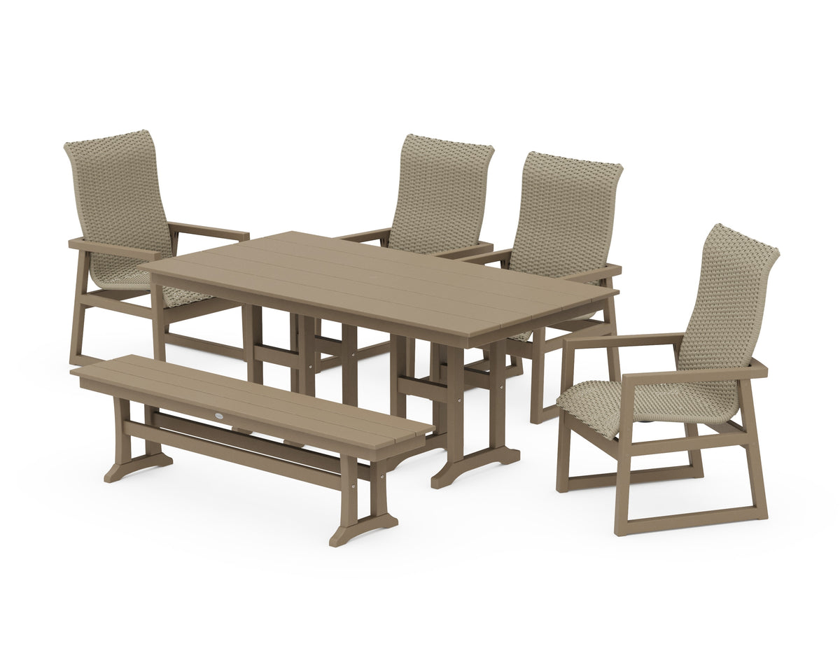 POLYWOOD EDGE Woven High-Back 6-Piece Farmhouse Dining Set with Bench in Vintage Sahara / Dune Grass