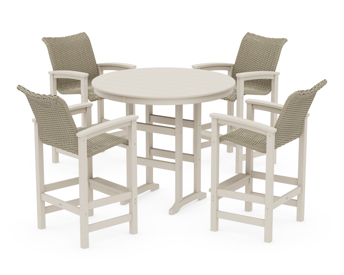 POLYWOOD Coastal Woven 5-Piece Round Farmhouse Bar Set in Sand / Dune Grass