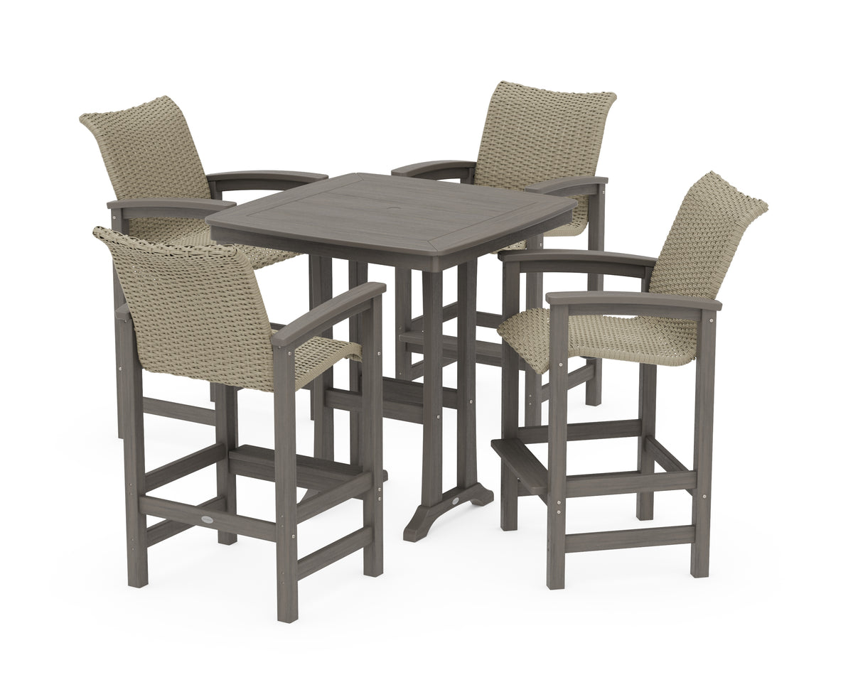 POLYWOOD Coastal Woven 5-Piece Bar Set with Trestle Legs in Driftwood / Dune Grass