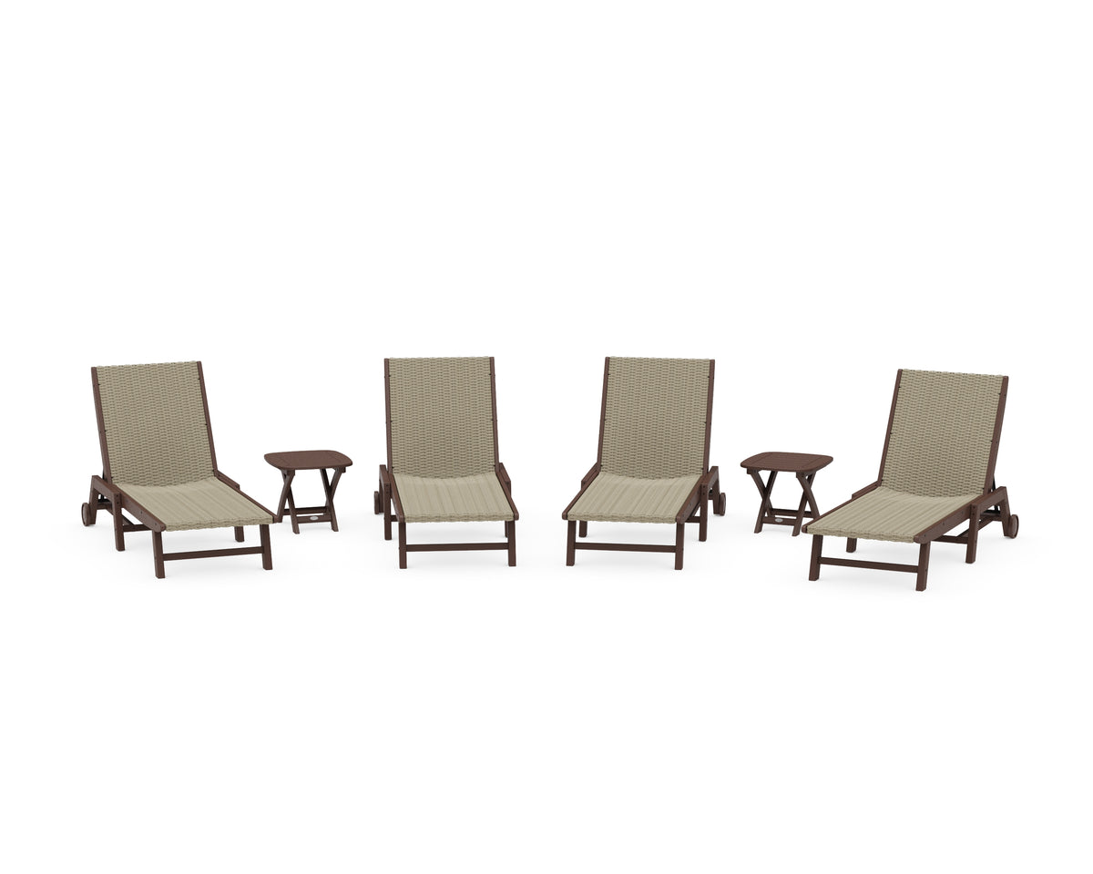 POLYWOOD 6-Piece Coastal Woven Chaise with Wheels Lounge Set in Mahogany / Dune Grass