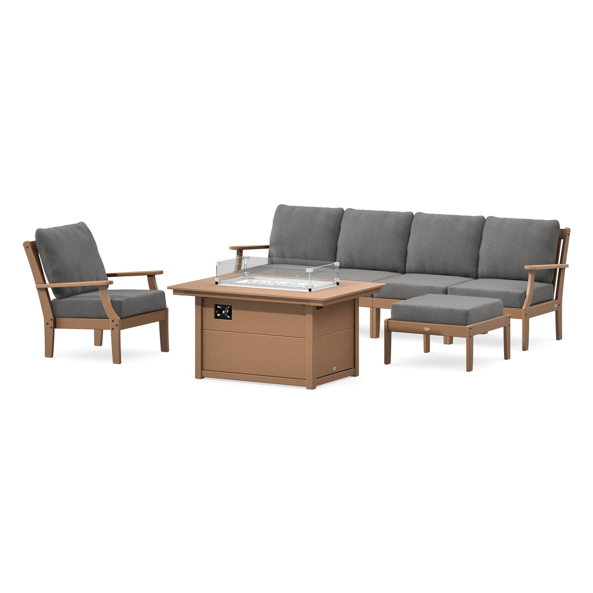 POLYWOOD Braxton Sectional Lounge and Fire Pit Set in Teak