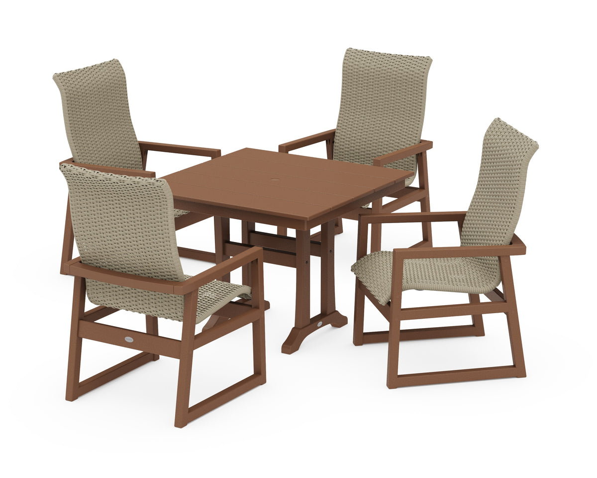 POLYWOOD EDGE Woven High-Back 5-Piece Farmhouse Dining Set with Trestle Legs in Teak / Dune Grass